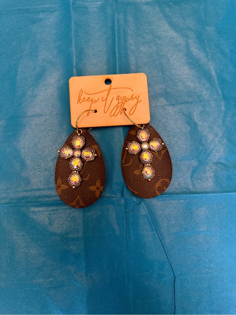 Keep It Gypsy Brown Teardrop Earrings with Iridescent Crystal Cross